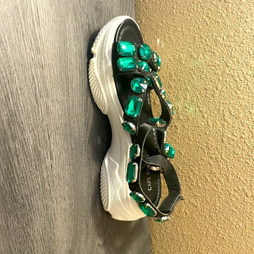 Green bejeweled sandals size 8.